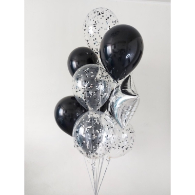 Фонтан из шаров с черными шариками и конфетти 