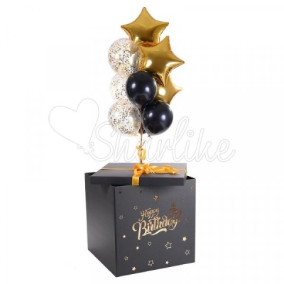 Коробка с шарами черная " Happy Birthday " с конфетти